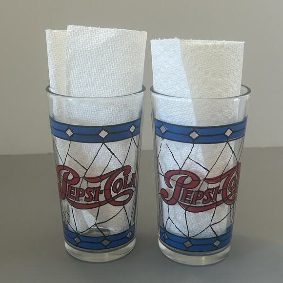 Pepsi-Cola Glasses Tiffany Style Stained Glass Drinking Tumbler 8 Oz Set 2 VTG - Picture 3 of 6